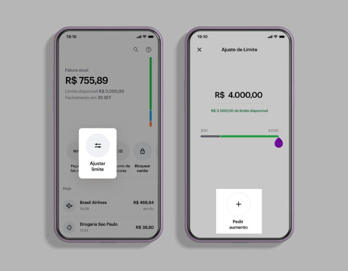 Duas imagens do aplicativo Nubank. No primeira, a opção ajustar limite. Na segunda, opção pedir aumento!