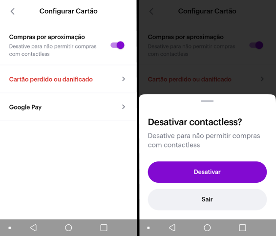 Desativar aproximação do cartão Nubank pelo aplicativo