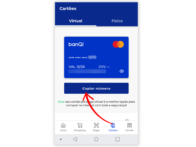 Como copiar o número do cartão virtual pré-pago