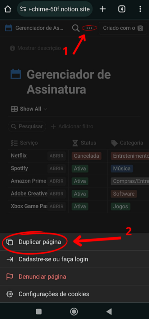 duplicar pagina notion pelo celular
